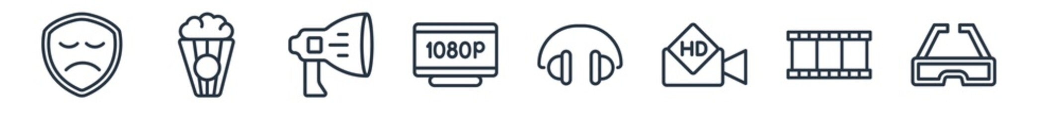 linear set of cinema outline icons. line vector icons such as sad mask, popcorn bag, loud speaker facing right, 1080p hd tv, headphone, 3d glass vector illustration.
