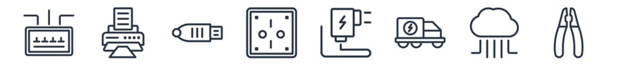 linear set of electrian connections outline icons. line vector icons such as fuse box, print, lan, wall socket, charger, pliers vector illustration.