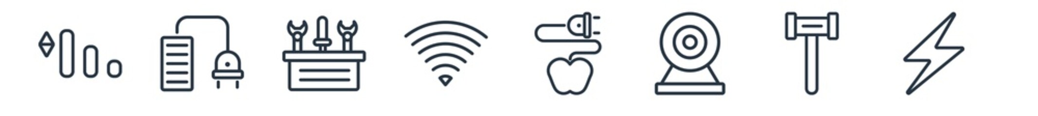 linear set of electrian connections outline icons. line vector icons such as medium, charging, toolbox, , apple, electricity vector illustration.