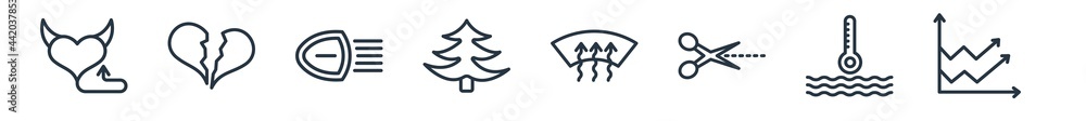 Poster linear set of shapes outline icons. line vector icons such as devil heart with wings, broken heart, 