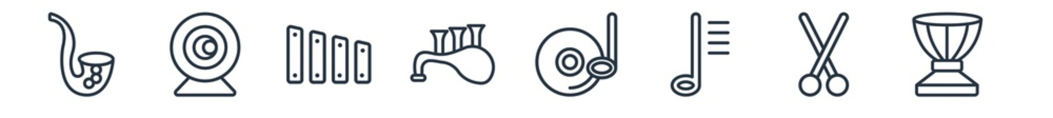 linear set of music outline icons. line vector icons such as saxophone, webcam video call, marimba, bagpipes, cd, djembe vector illustration.