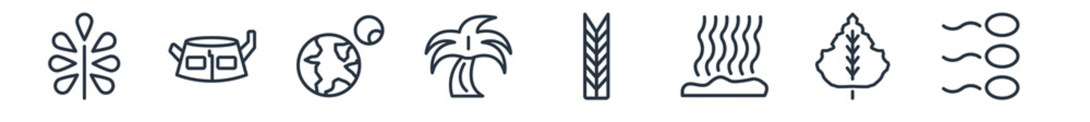 linear set of nature outline icons. line vector icons such as pecan leaf, stump house, planet with satellite, coconut tree standing, escuamiforme, fertilize clinic vector illustration.