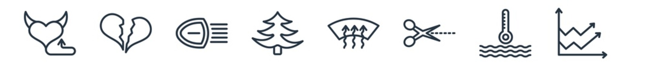 linear set of shapes outline icons. line vector icons such as devil heart with wings, broken heart, high beam, christmas tree with star, windshield defrost, multiple line vector illustration.