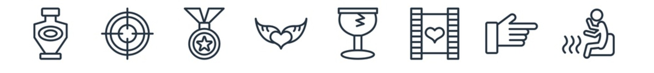 linear set of shapes outline icons. line vector icons such as parfum bottle, focus button, star pendant, pure love, breakeable, spa room vector illustration.