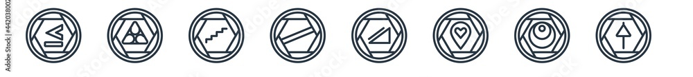 Poster linear set of signs outline icons. line vector icons such as is less than, biohazard risk triangular