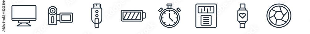Poster linear set of technology outline icons. line vector icons such as simple screen, video camera front 