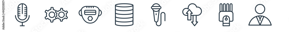 Poster linear set of technology outline icons. line vector icons such as radio microphone, services, face s