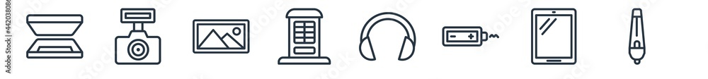 Poster linear set of technology outline icons. line vector icons such as scanner with cover, camera flash, 