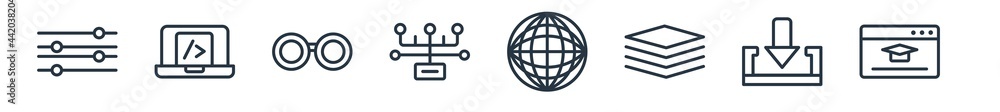 Poster linear set of web outline icons. line vector icons such as sliders, closing, circular glasses, multi