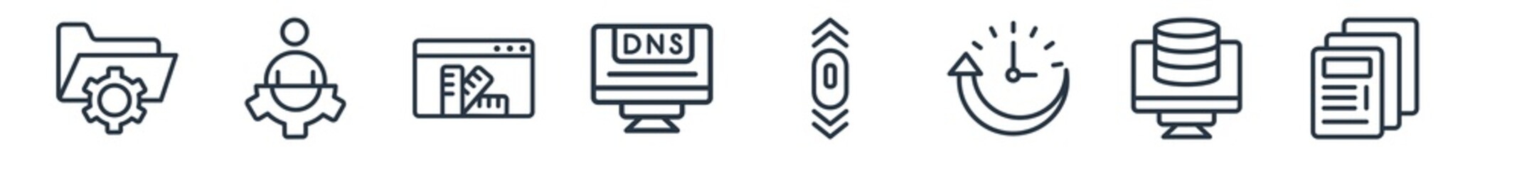 linear set of web hosting outline icons. line vector icons such as folder management, tech support, color scheme, dns, scrolling, mockup de vector illustration.