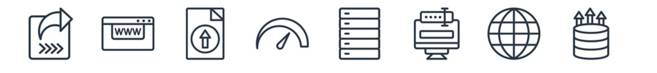 linear set of web hosting outline icons. line vector icons such as forwarding, domains, upload file, bandwidth, raid, improve vector illustration.