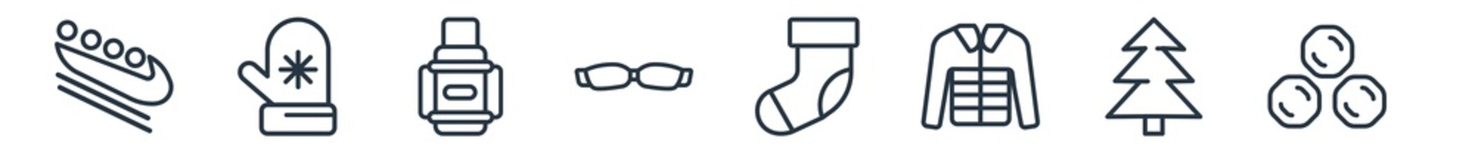 linear set of winter outline icons. line vector icons such as bobsled, mittens, themos flask, goggles, christmas sock, snow ball vector illustration.