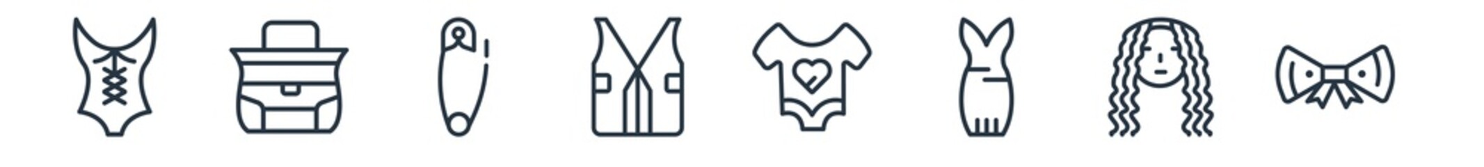 linear set of woman clothing outline icons. line vector icons such as bikini one piece swimwear?, handbag of female?, perdible pin?, zip?, heart shaped clothes?, bow black? vector illustration.
