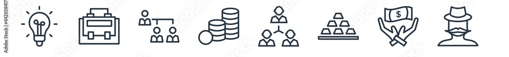 Poster linear set of business outline icons. line vector icons such as round light bulb, briefcase, structu