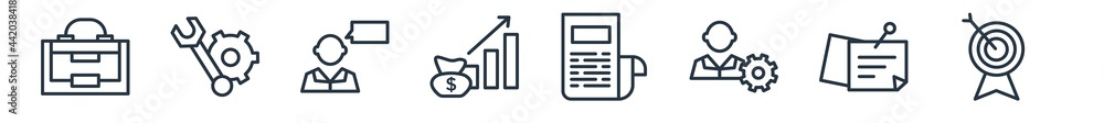 Aufkleber linear set of business outline icons. line vector icons such as rectangular briefcase, tool button, 