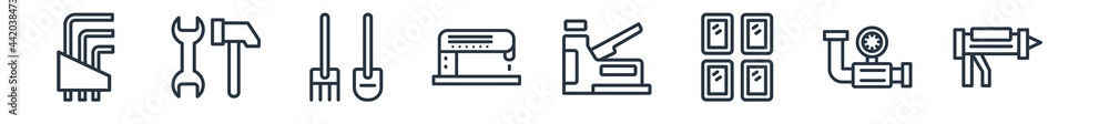 Poster linear set of construction and tools outline icons. line vector icons such as allen keys, improvemen