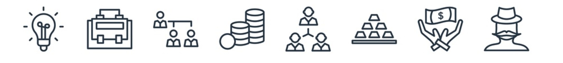 linear set of business outline icons. line vector icons such as round light bulb, briefcase, structure, dollar coins stack, hierarchy structure, fat man with hat and moustache vector illustration.