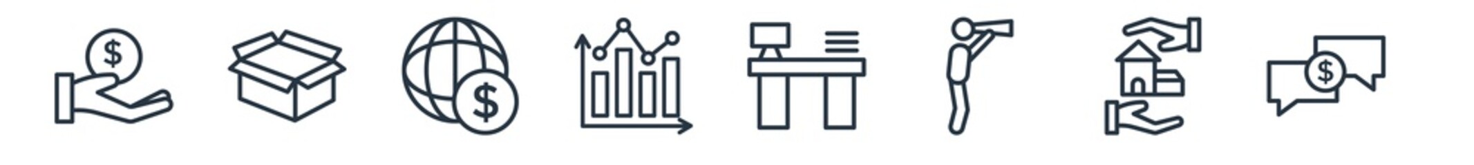 linear set of business outline icons. line vector icons such as finance, empty box, currencies, graphs, director desk, speech bubbles with dollar vector illustration.