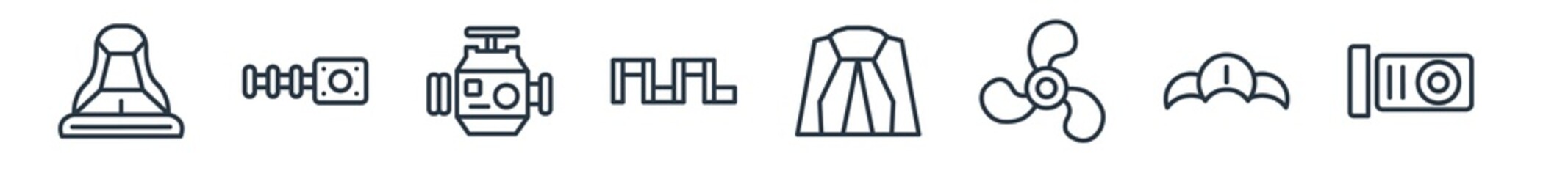 linear set of car parts outline icons. line vector icons such as car bucket seat, car distributor, carburettor, crank, bonnet, petrol cap vector illustration.
