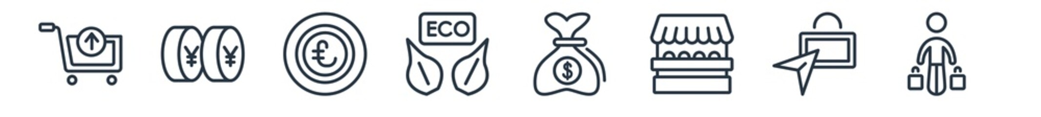 linear set of commerce outline icons. line vector icons such as take out from the cart, yens coins stack, null, eco label, full money bag, shopper with bags vector illustration.