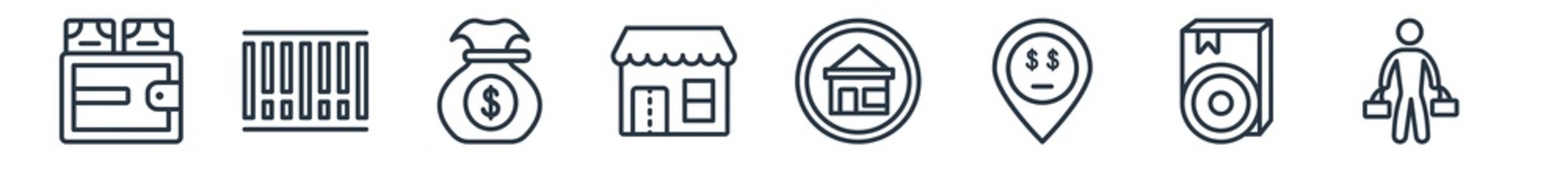 linear set of commerce outline icons. line vector icons such as wallet filled money tool, null, bag of money with dollar, shop store, house badge, shopper vector illustration.