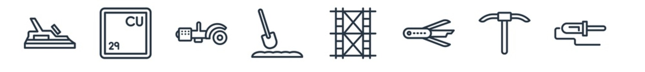 linear set of construction and tools outline icons. line vector icons such as planer, copper, metal saw, soil, scaffolding, solder vector illustration.
