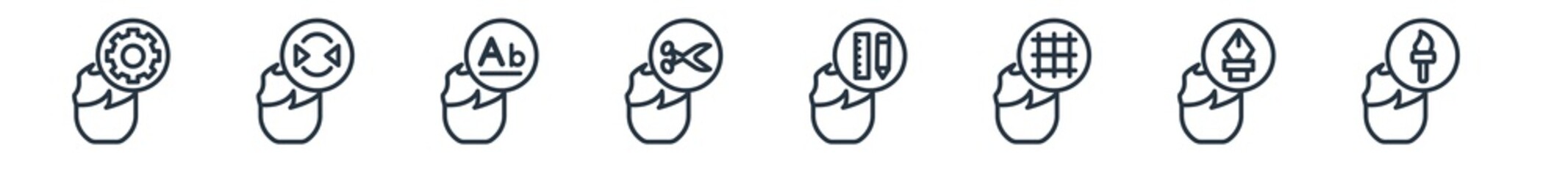 linear set of creative pocess outline icons. line vector icons such as brainstorming, reflect, typography, cutting, de, graphic tool vector illustration.