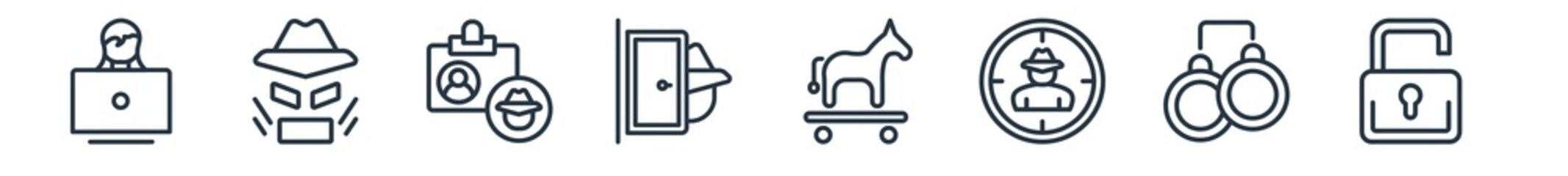 linear set of cyber outline icons. line vector icons such as woman online, hacking, identity theft, stalking, trojan, passwords vector illustration.
