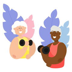 Active elderly couple go in for sports. Grandmother and black grandfather lead a healthy lifestyle.