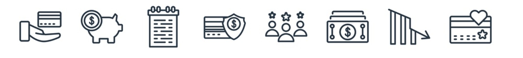 linear set of e commerce and payment outline icons. line vector icons such as card payment, moneybox, shopping list, payment security, customer review, loyalty card vector illustration.