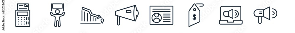 Poster linear set of marketing outline icons. line vector icons such as calculating file, protester, loweri