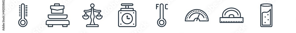 Poster linear set of measurement outline icons. line vector icons such as temperature measure, large scale 
