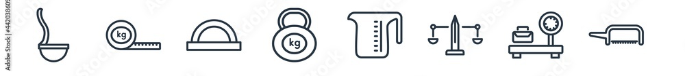 Poster linear set of measurement outline icons. line vector icons such as soup spoon, null, protractor, hea