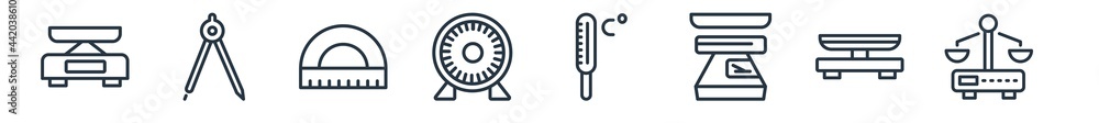 Poster linear set of measurement outline icons. line vector icons such as shop scale, open compass, protact