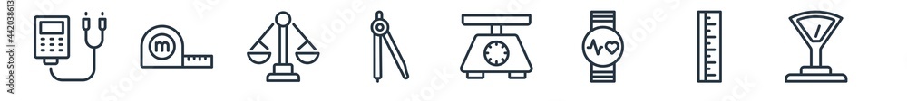 Poster linear set of measurement outline icons. line vector icons such as nanometer, measureming tape, vint