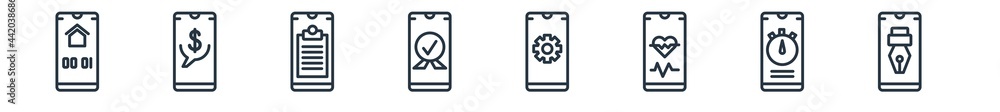 Poster linear set of mobile app outline icons. line vector icons such as homepage, mobile banking, descript