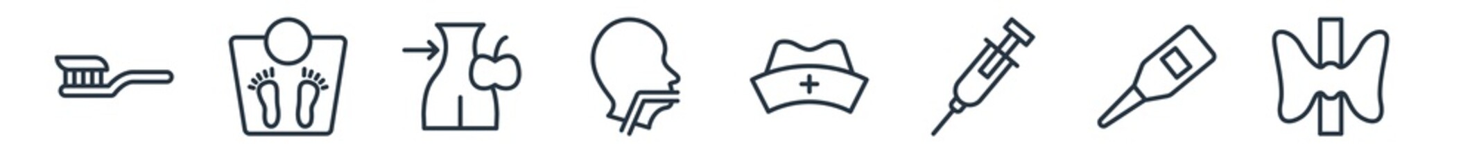 linear set of medical outline icons. line vector icons such as brush with tooth paste, scale tool to control body weight standing on it, null, mouth tube in bald male head, nurse cross, thyroid