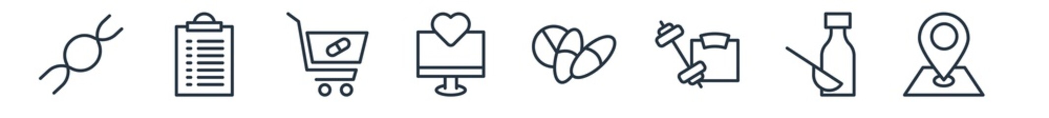 linear set of medical outline icons. line vector icons such as medical chain of dna, positive verified of a clipboard, pharmacy shopping cart, medical heart scan, drugs capsules and pills, hospital