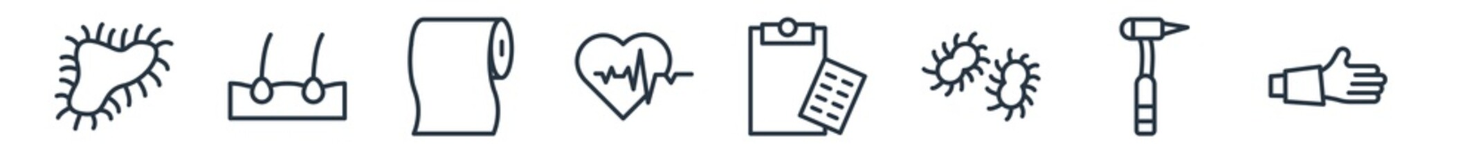 linear set of medical outline icons. line vector icons such as microbe, epidermis, tissue paper, lifeline, prescription, bandage vector illustration.