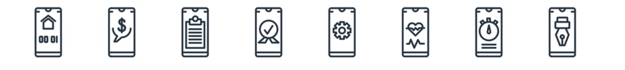 linear set of mobile app outline icons. line vector icons such as homepage, mobile banking, description, accepted, applications, edit tool vector illustration.