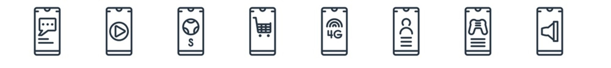 linear set of mobile app outline icons. line vector icons such as texting, media player, sport, mobile shopping, 4g, audio vector illustration.