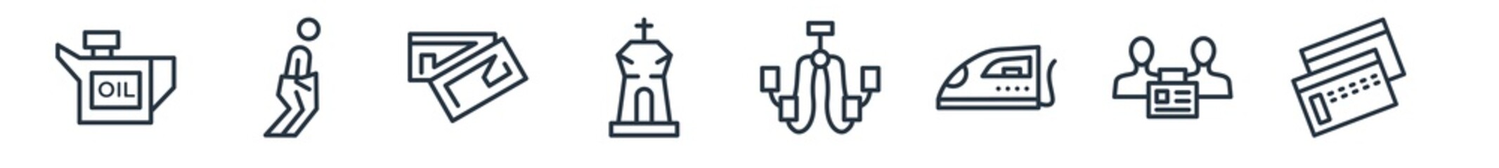 linear set of other outline icons. line vector icons such as oil can, sack race, abstract business card, tombstone with cross, chandeliers, abstract business card vector illustration.