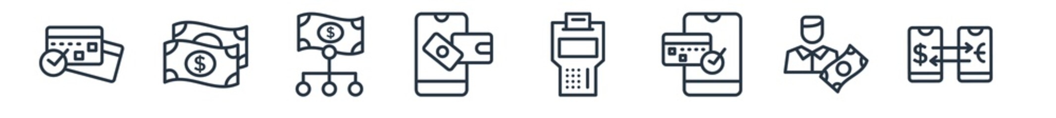 linear set of payment methods outline icons. line vector icons such as debit payment, dollar, sharing, online wallet, point of service, mobile transfer vector illustration.