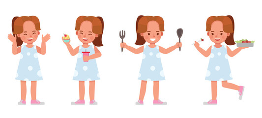 Set of children character vector design. Girl wear blue dress. Presentation in various action with emotions. kids cooking and eating food.