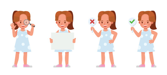 Set of children character vector design. Girl wear blue dress. Presentation in various action with emotions. kids doing activity.
