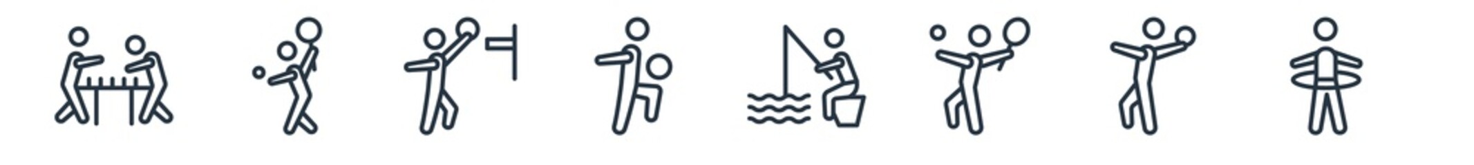 linear set of recreational games outline icons. line vector icons such as people playing table football, people playing tennis, people playing basketball, ball, fishing, hula hop vector