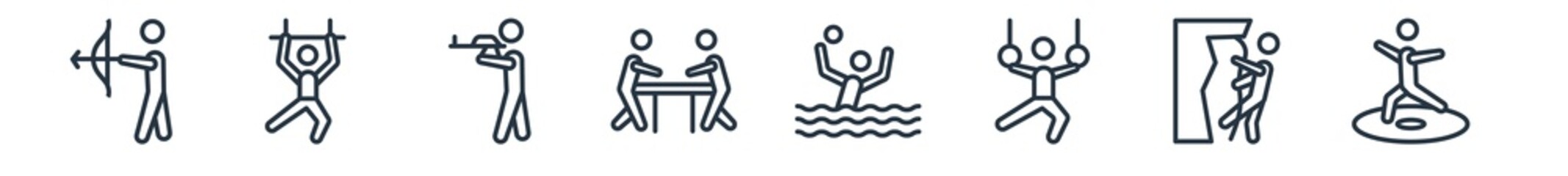 linear set of recreational games outline icons. line vector icons such as people playing archery, people playing trapeze, people playing paintball, air hockey, waterpolo, jumping vector