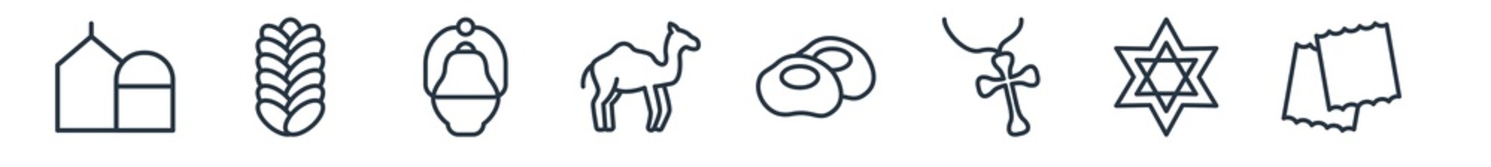 linear set of religion outline icons. line vector icons such as synagogue, challah, jewish incense, dromedary, gefilte fish, matzo vector illustration.