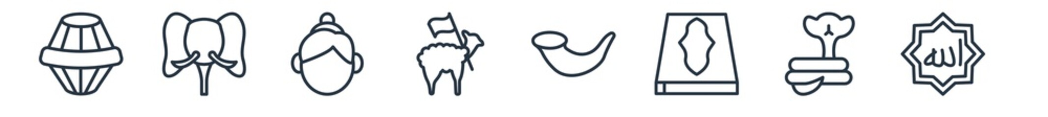 linear set of religion outline icons. line vector icons such as tablas, elephant, hindu, lamb of god, shofar, allah word vector illustration.