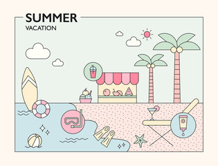 Cute beach resort background illustration. outline simple vector illustration.